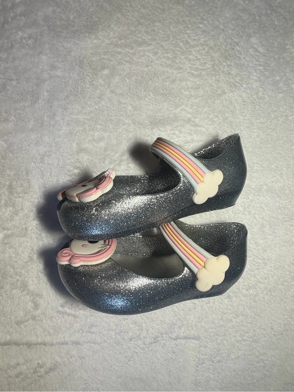 Mini Melissa Silver Glitter Mary Janes with Pink Unicorn Appliqués